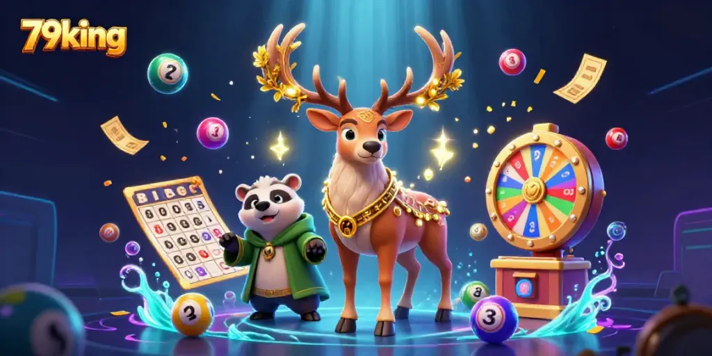 Experience the excitement of gambling with 79king's vibrant illustration of a druid and badger surrounded by lottery elements.