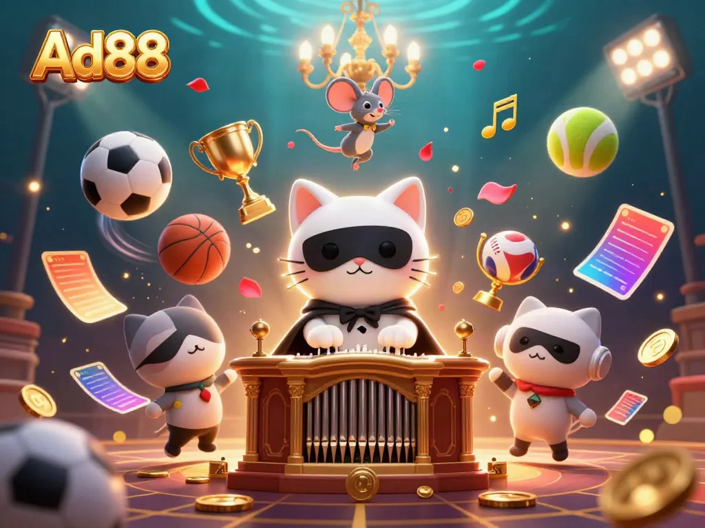 Engage with the Ad88 casino world, featuring a phantom cat and vibrant gambling elements.