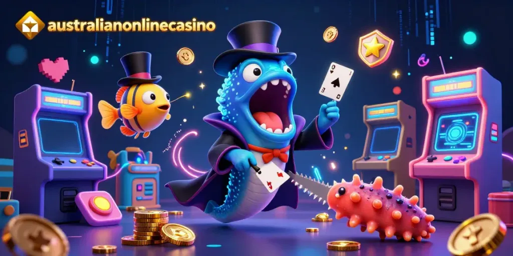 Experience the excitement of australianonlinecasino with lively sea creatures showcasing casino magic tricks amid vibrant gaming elements.