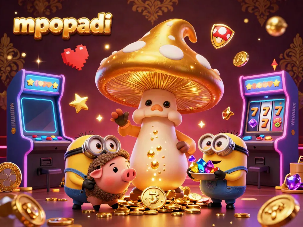 MPOPADI slots illustration showcasing a golden mushroom wizard, treasure hunting pig, and vibrant game machines.
