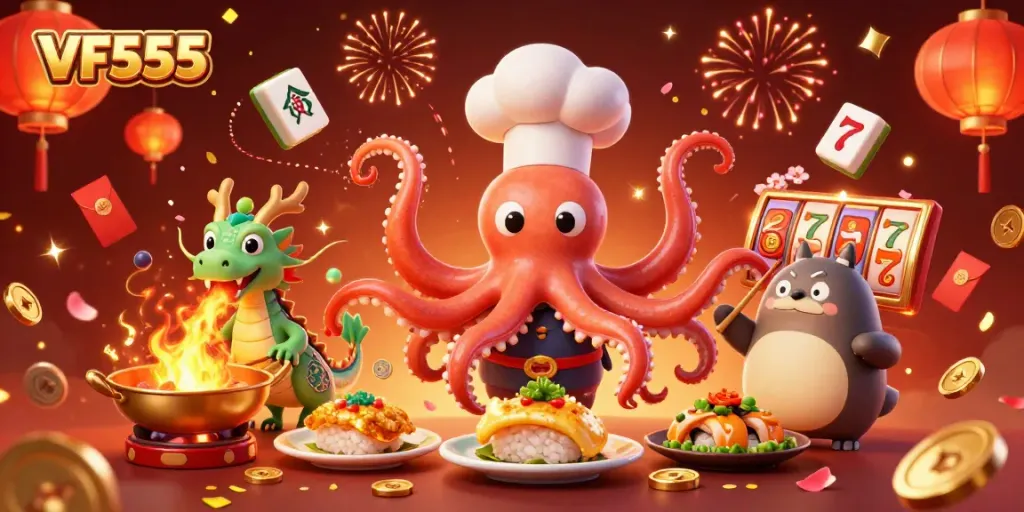 Engage with VF555 as the sushi chef octopus serves up a thrilling casino experience with fire and fortune.