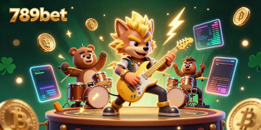 Experience the energetic vibe of 789bet as a cartoon rock star wolf plays guitar on stage surrounded by crypto elements.
