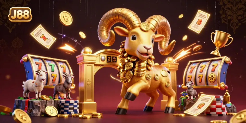 Experience the J88 excitement with a dynamic scene featuring a golden ram, slots, and vibrant jackpot symbols.
