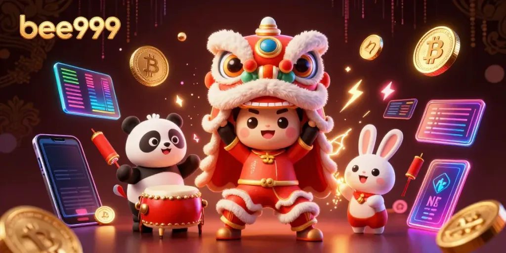 Engage in the excitement of bee999 with dynamic crypto-themed celebration and vibrant characters.