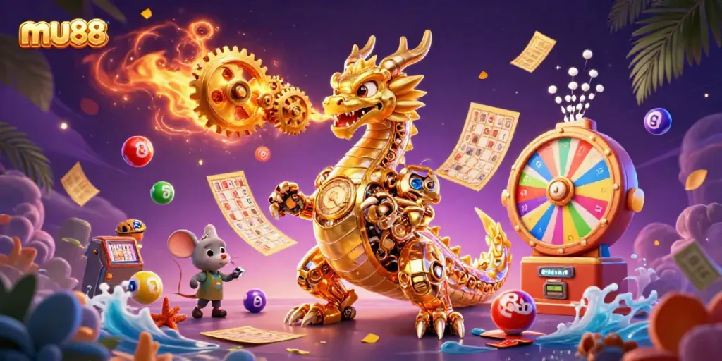 Immerse in the energetic world of MU88 where the biomechanical dragon breathes golden gears amidst vivid lottery elements.