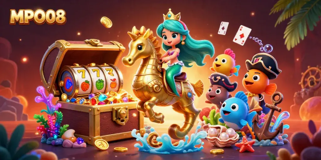 MPO08 enhances online slot gaming with vibrant mermaid-themed illustrations of slots, colorful fish, and treasures.