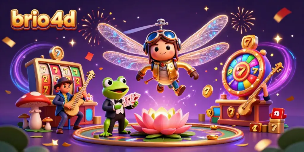 Engaging players in the vibrant world of brio 4d with a lively casino scene featuring a dragonfly pilot and frog croupier.