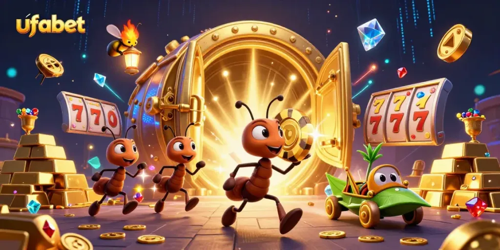 Ants executing a heist for a golden poker chip in a vibrant ufabet-themed scene filled with casino elements
