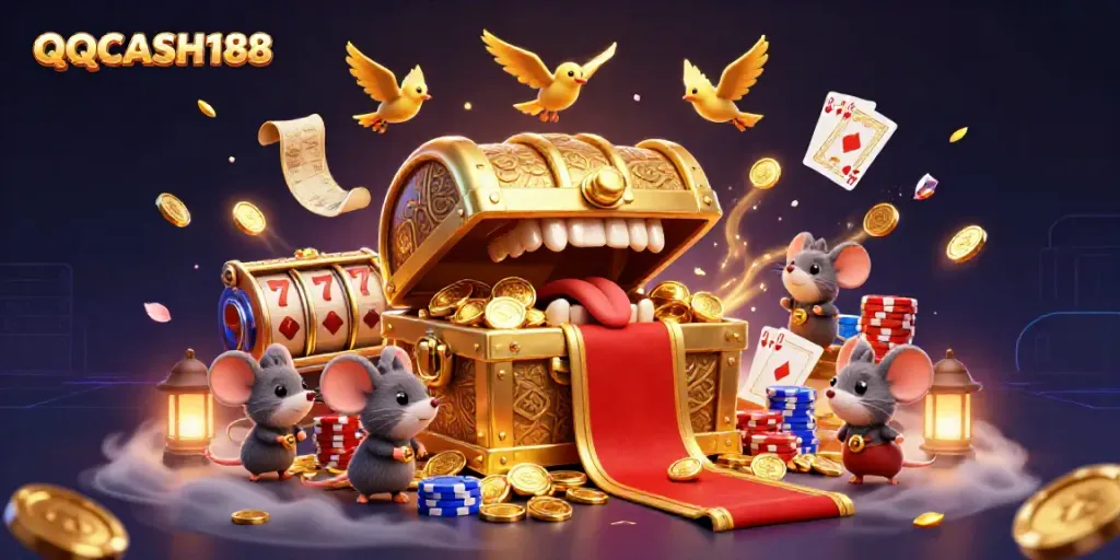 Experience the excitement with QQCASH188 showcasing treasure chests and dynamic slot machines.