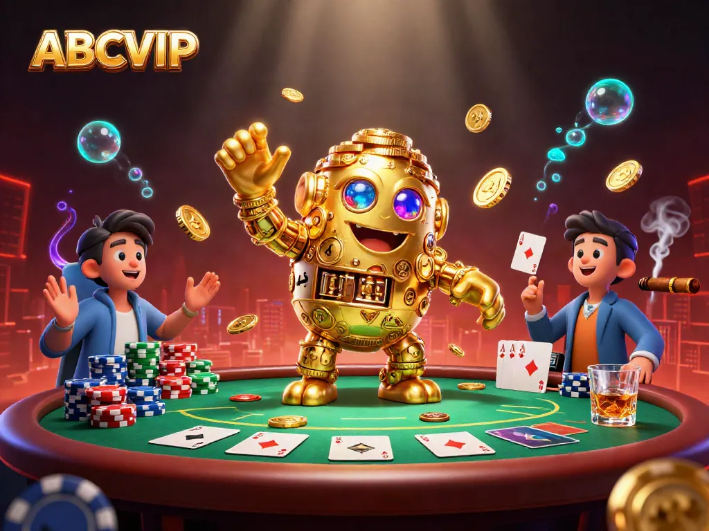 Experience the thrilling atmosphere of ABCVIP with a golden golem and poker elements in a vibrant casino scene.