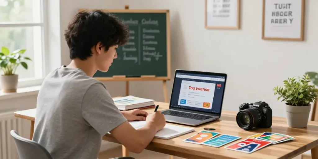 Togel online interactive study setup with educational materials, vibrant atmosphere, and learning tools.