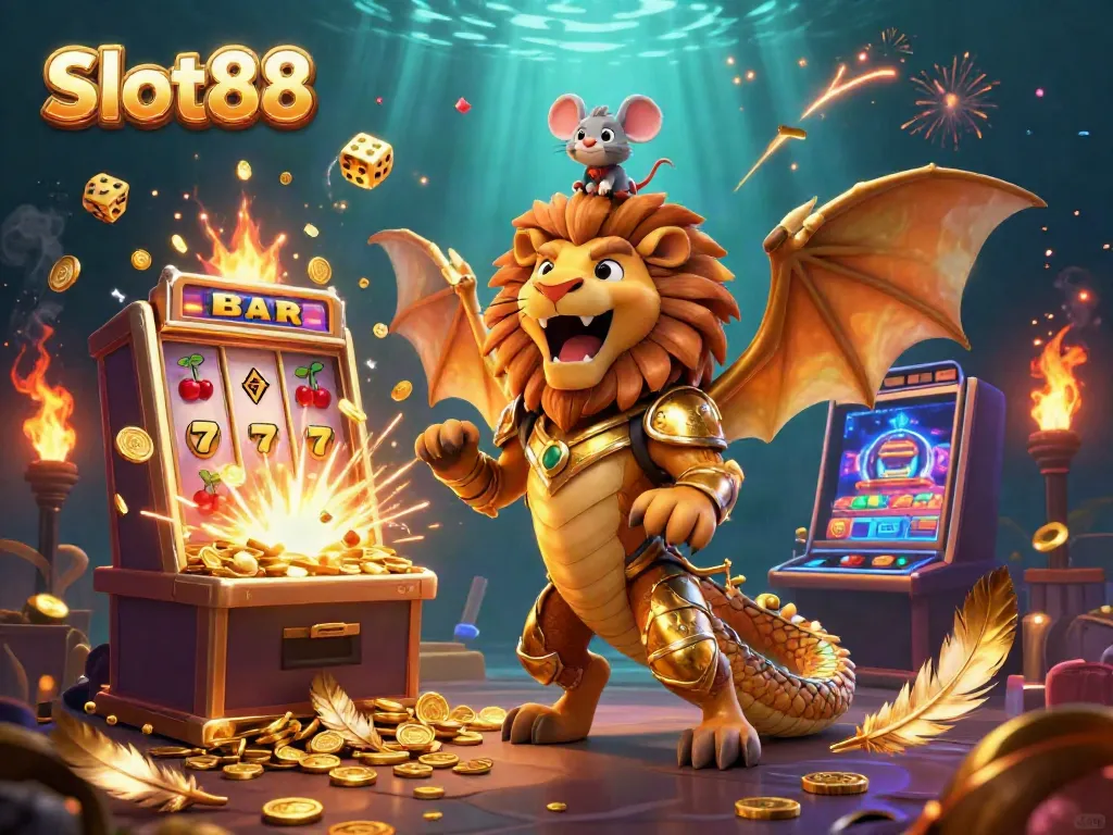 Experience the excitement of Slot88 with a dynamic casino adventure scene featuring vibrant characters, glowing treasures, and immersive game elements.