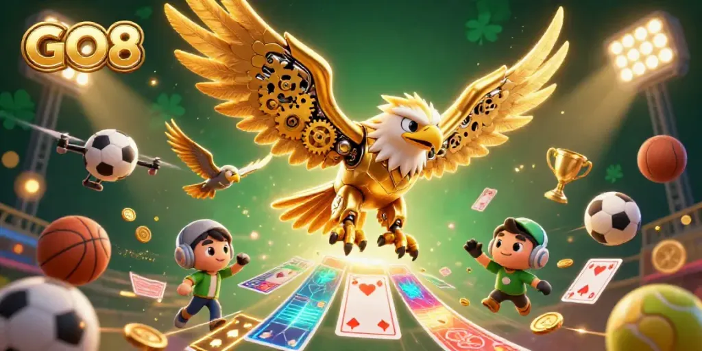 Experience GO8 with dynamic gaming elements and a cybernetic eagle in action.