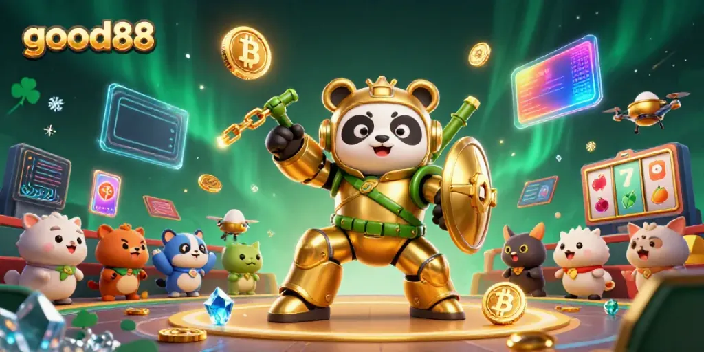 Experience the dynamic fun of good88 in this energetic casino showdown featuring a golden panda and rich gaming elements.
