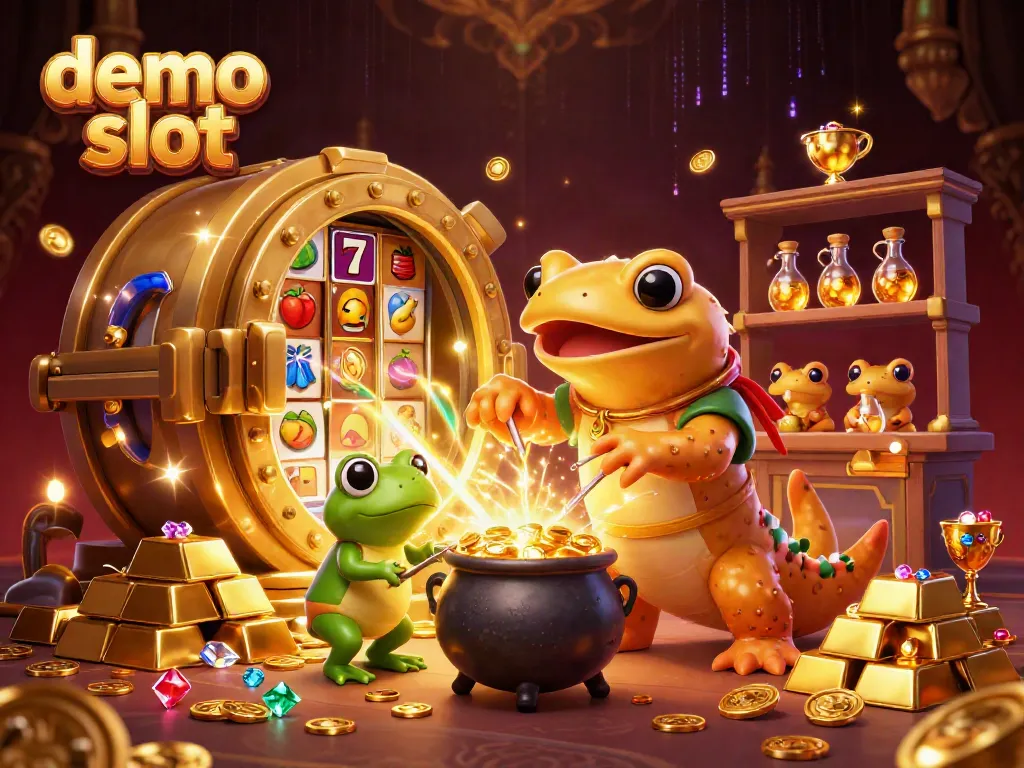 Engage with demo slot excitement in a vibrant fantasy scene featuring an alchemist and a frog apprentice in a bustling medieval laboratory with gold and jewels.