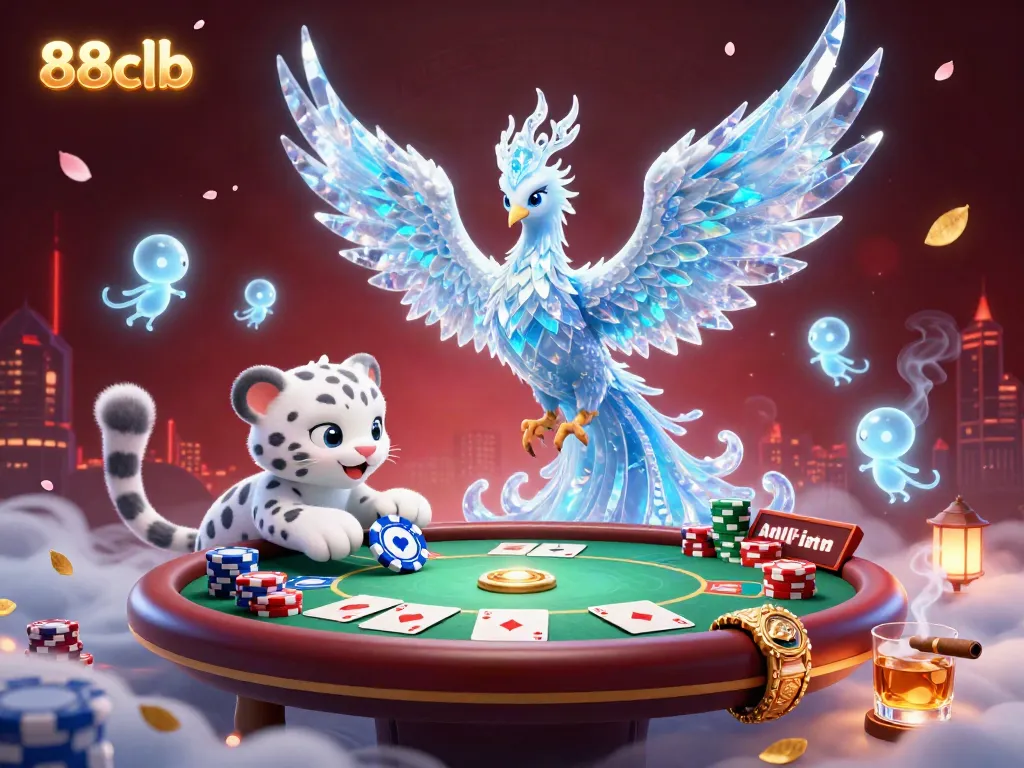 Engage with the vibrant 88clb casino world featuring an ice phoenix and poker elements in action.