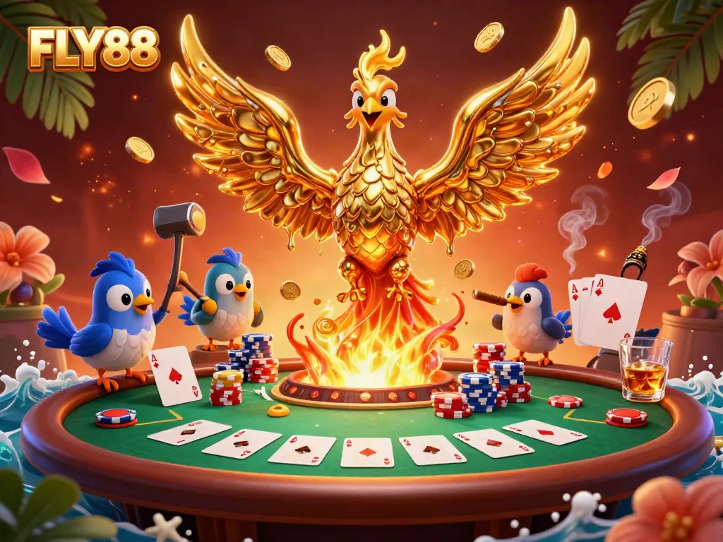 Experience exhilarating gaming at FLY88 with a golden phoenix and poker elements in a vibrant 3D illustration.