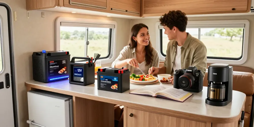 Couple enjoying their RV adventure with a 12-volt battery powering essential devices, cozy interior and natural light