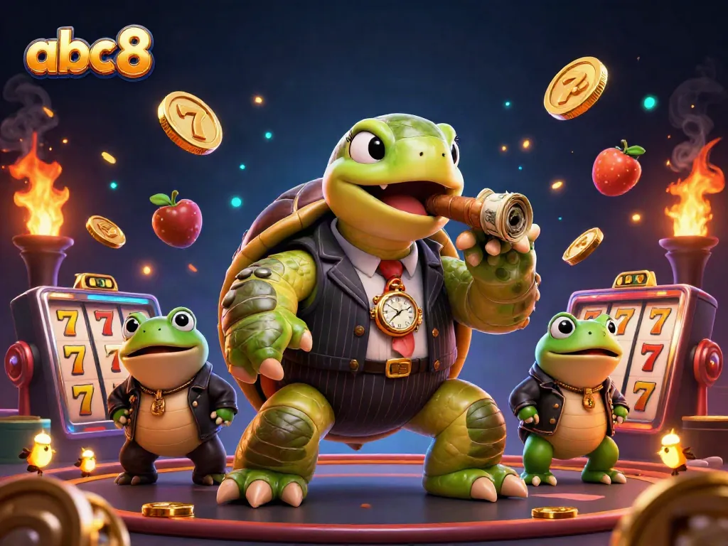 Experience thrilling gaming action with abc8 in a vibrant casino scene featuring a turtle mobster and frog enforcers.