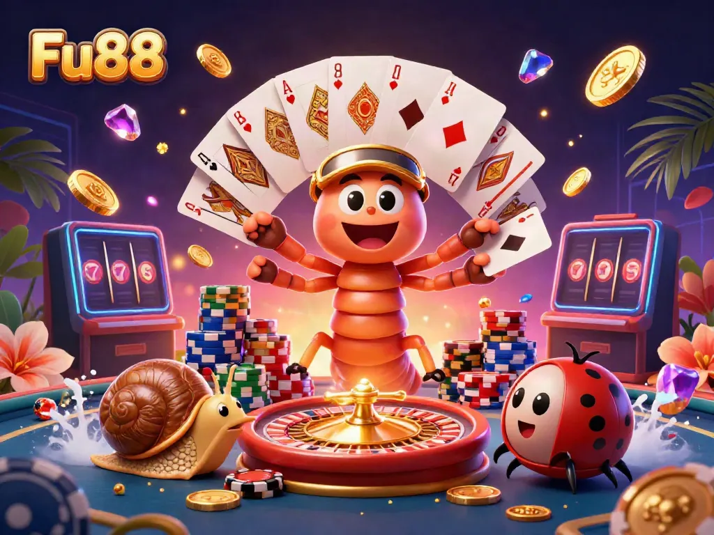 Spin the reels and win with Fu88 in a vibrant casino-themed scene filled with excitement.