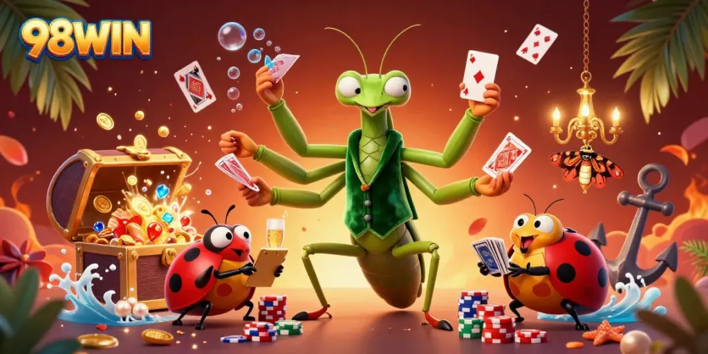 Engage in lively gaming fun at 98WIN with a unique illustration of a giant mantis dealer and ladybug boss.