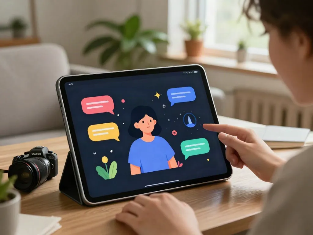 Engaging in ai sex chat with a vibrant AI character on a tablet at home.