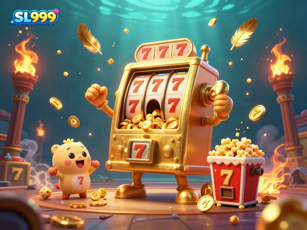 Experience the excitement of SL999's jackpot with a golden slot machine and cheering companions in a dynamic casino scene.