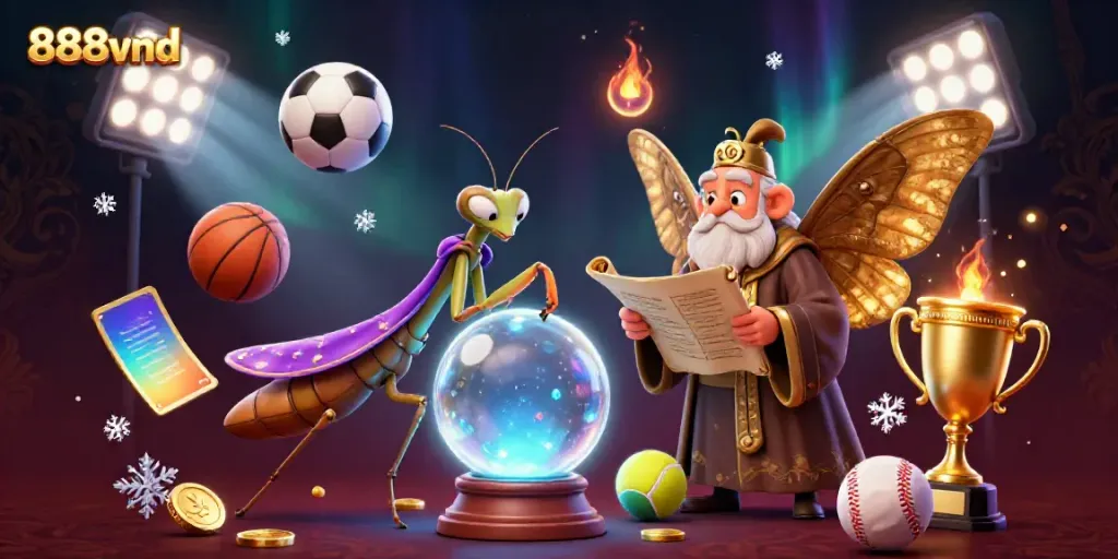 Experience 888vnd with a fortune teller in a mystical casino world, surrounded by dynamic sports elements.
