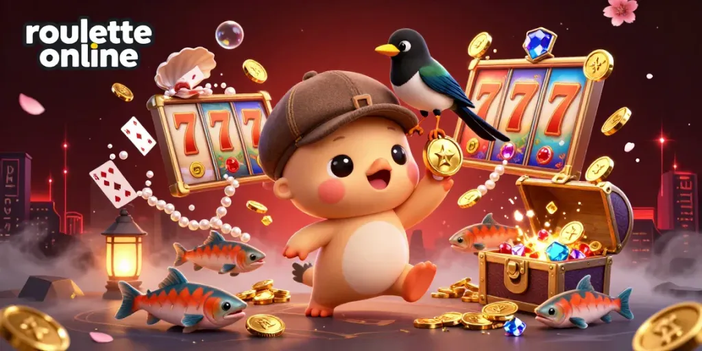 Experience the thrill of roullete online in this vibrant 3D cartoon scene filled with playful characters and casino treasures.