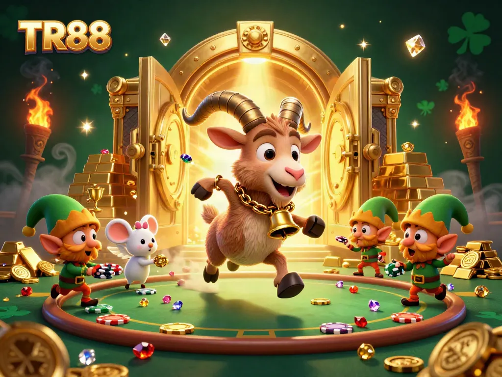 Experience TR88's casino adventure with 3D characters in a festive setting, surrounded by treasures.