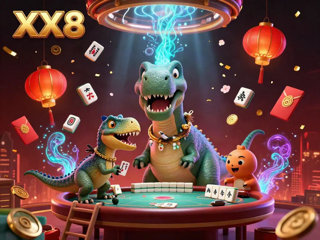 Experience the vibrant XX8 gaming scene with a brontosaurus and clever raptor dealing cards at a casino.