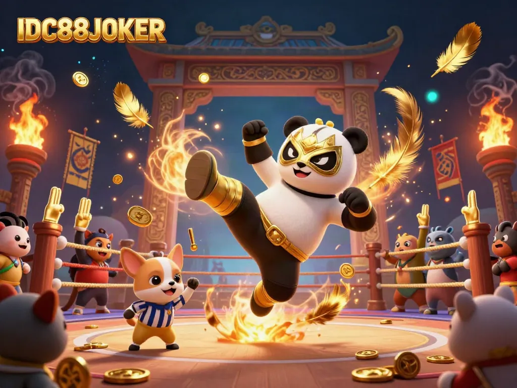 Experience thrilling action with IDC88JOKER as a panda wrestler performs an epic kick, surrounded by excited animal fans and dynamic betting elements.