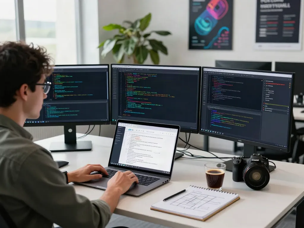 Developer coding with v2rayN interface on multiple monitors in a modern workspace.
