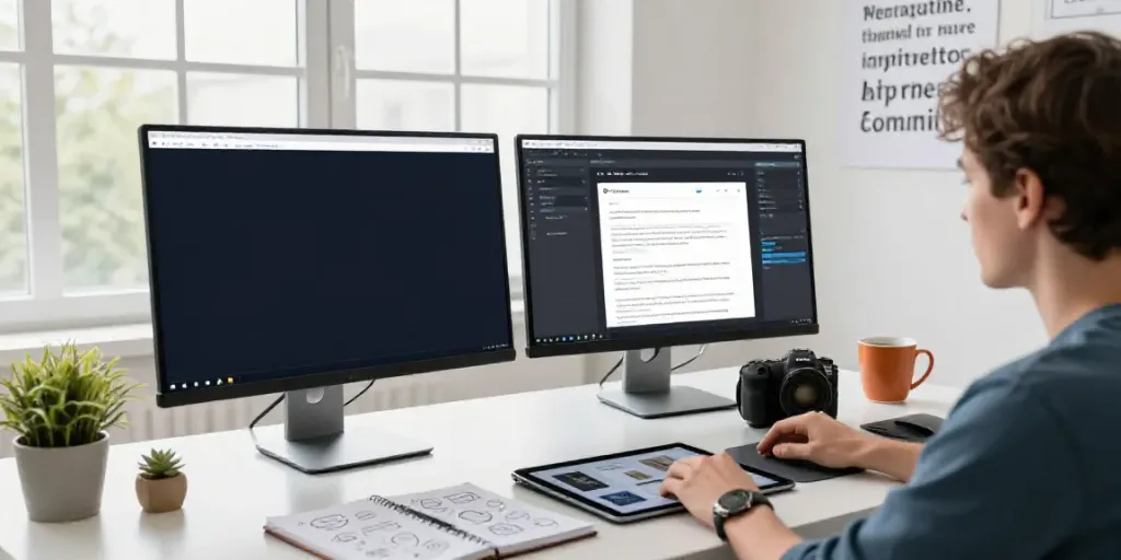 AI website copy generator scene with a professional writer in a modern workspace focused on creating engaging content.
