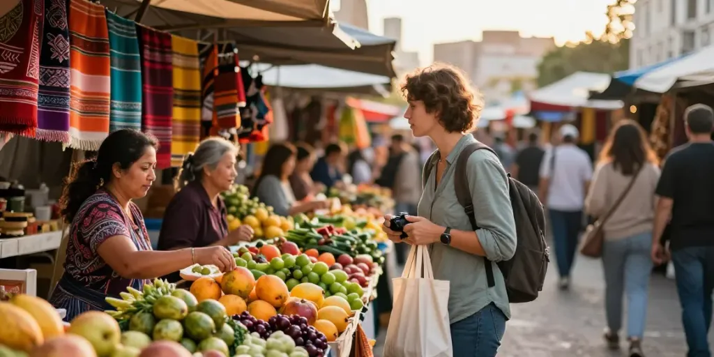 Discover here at a lively market, showcasing local crafts and produce.