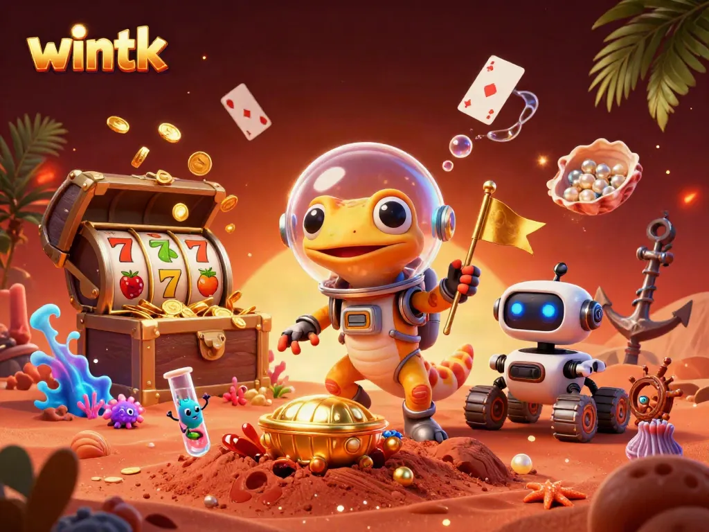 Wintk showcases a Martian gecko uncovering a golden casino amidst an explosion of rich gaming symbols and treasures.