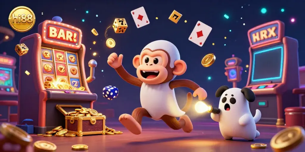 Experience high-energy gaming at hi88 with a playful ghost-hunter puppy chasing a mischievous monkey in an exciting casino.