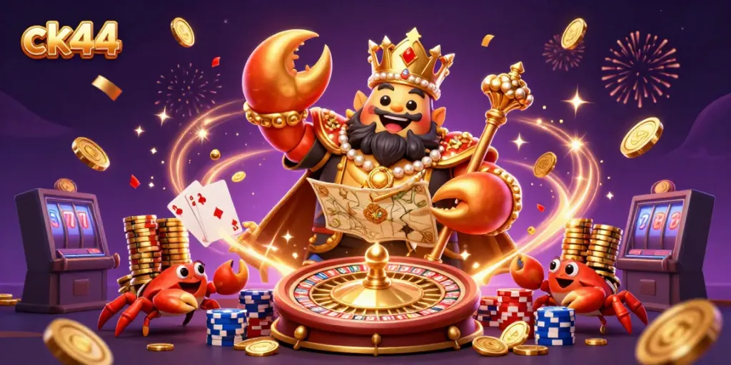 Experience the thrill of ck44 with a golden crab emperor surrounded by casino excitement.